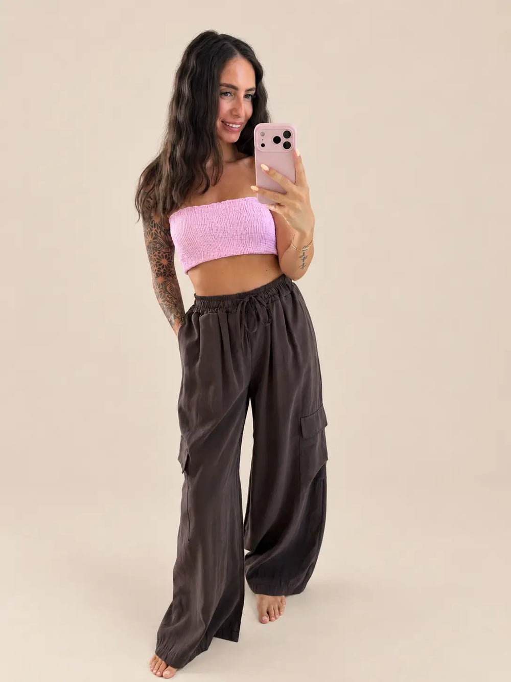 Women’s cargo trousers in Brown with a rose tube top | Lisa’s Boutique