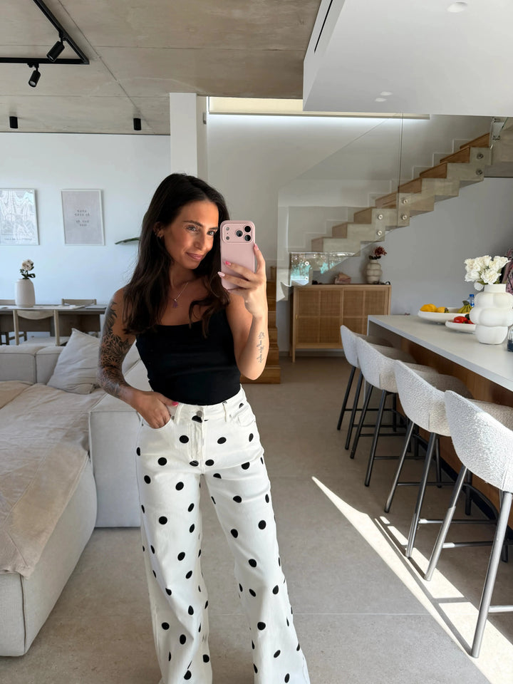 Wide Leg Hose mit Punkten – Weiß Oberteil Lisas Boutique 